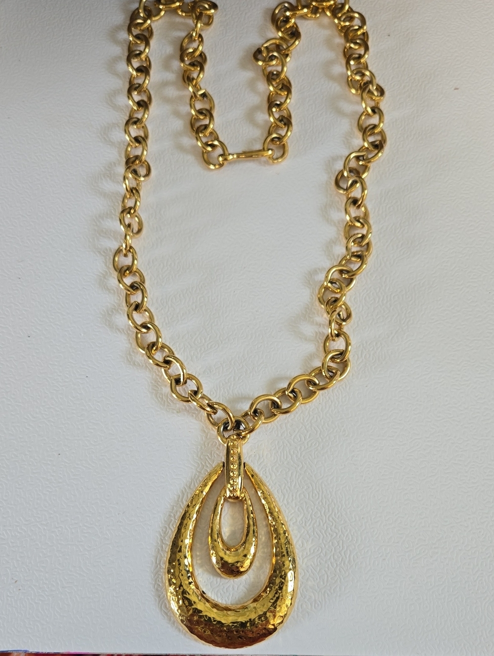 MONET stamped Gold-Tone Hammered Teardrop Pendant Necklace